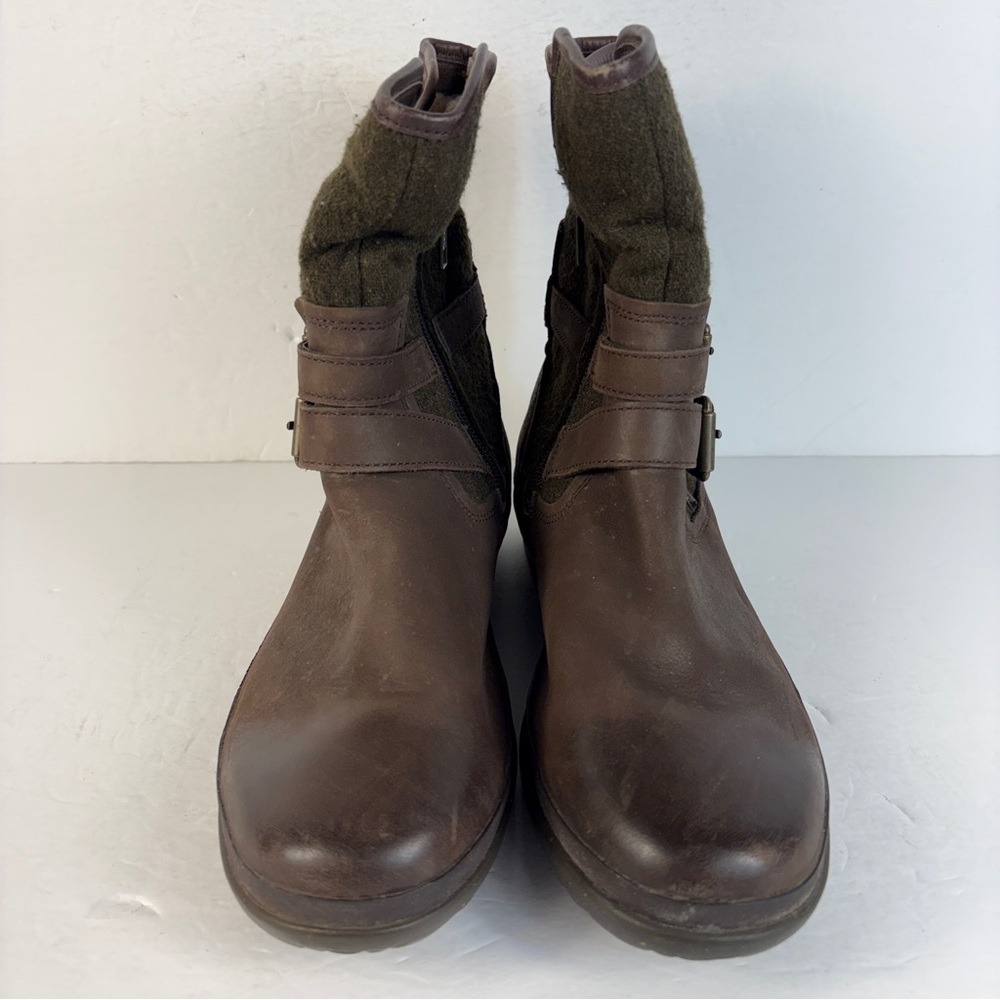 UGG Simmens Women Waterproof Brown Leather Boots - Olive Green Wool Biker Moto 8 - Picture 4 of 9